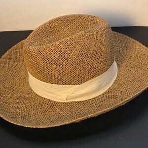 Straw Fedora Wide Brim Panama Style Hat Natural Woven w/ Cream Band Unisex EUC